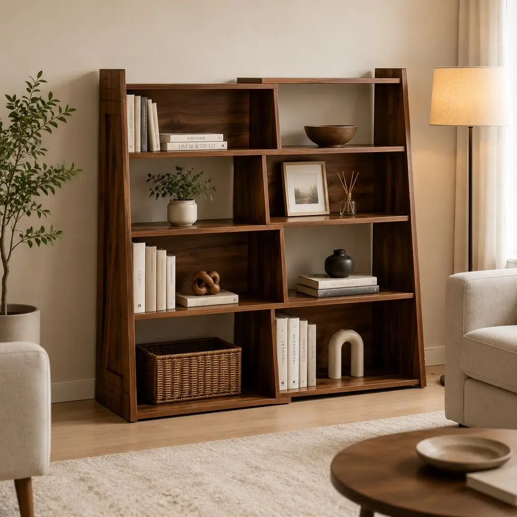 Convertible Modular Walnut Bookcase 3-in-1 Asymmetrical Open Display Shelf, Multi-Grid Storage Rack for Living Room, Home Office, Study, Bedroom, Corner, Partition Wall, Natural Wood+Brown MDF, 11.8Wx47.2Dx42.5H in, Natural Wood+Brown Color