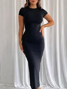 Solid Color Round Neck Slim Short Sleeve Maxi Dress Casual Womenswear Summer