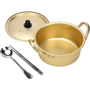 Korean Ramen Cooking Pot with Lid, Spoon & Chopsticks, 6.3in Double Handle, Korean Ramen Noodle Pot for Fast Heating in Kitchen Cookware