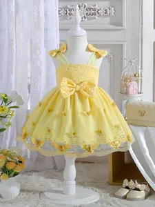 Girls' clothing, girls' summer dress, sweet and tender butterfly princess style, girls' yellow camisole dress, bow shoulder strap+large bow waist decoration+butterfly embroidery mesh skirt body, baby girl birthday gift, Easter gift, suitable for birthday