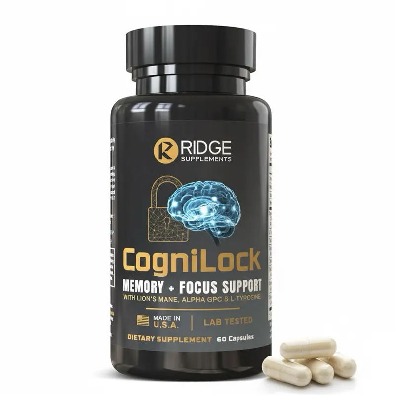 Ridge Supplements CogniLock Daily Brain Support - Focus Memory & Mood with Lion's Mane Mushroom Alpha GPC Choline CognatiQ Ginko Bacopa Niacin B Vitamins USA Made 60 Capsules