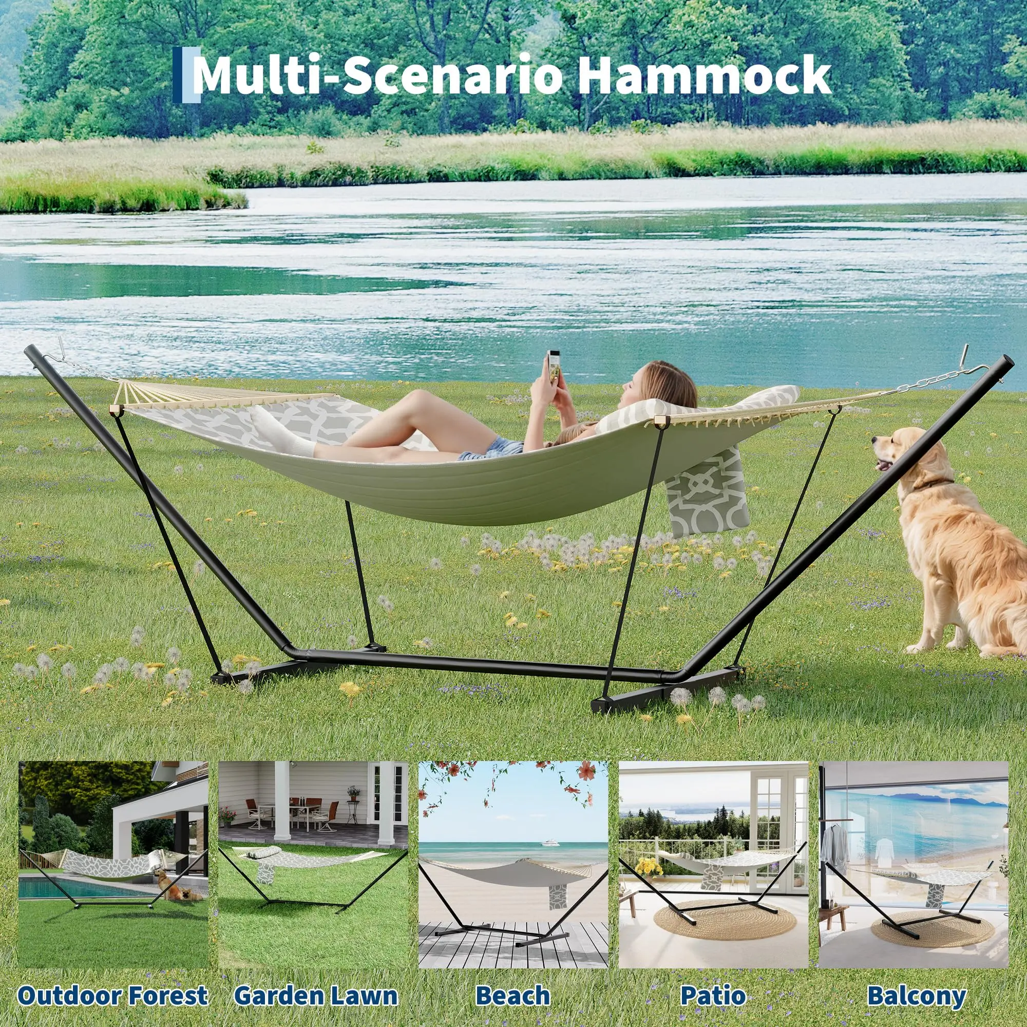 Heavy Duty Hammock with Adjustable Steel Stand, Flat Wooden Frame, Portable Outdoor Bed for 2 Persons, 500 lbs Capacity, Ideal for Patio, Garden, Backyard, Beach