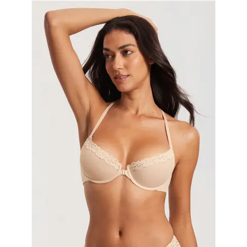 Women's Sheer Mesh Front Closure Racerback Bra Unlined Underwire Lace Trim  Sexy Plunge Y Back