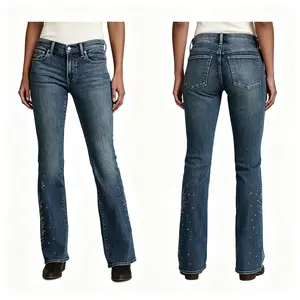 Women's Mid‑Rise Dark Wash Flare Bootcut Jeans, Side Sparkling Rhinestone Embellished Slim Fit Western Casual Streetwear Bell Bottom Denim Pants