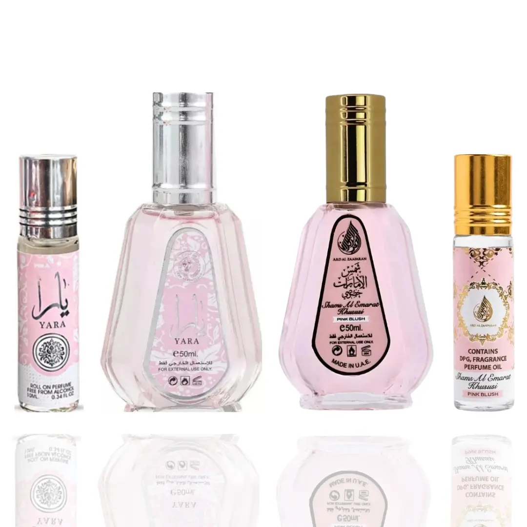 Lattafa Women's EDP Fragrance Duo 4-Piece Full Size Bundle - Yara 50ml Spray, Roll-On, Blush Pink Shams Al Emarat 50ml Spray, Roll-On (Floral Sweet Perfume, Elegant Floral Fragrance, Vanilla Notes)