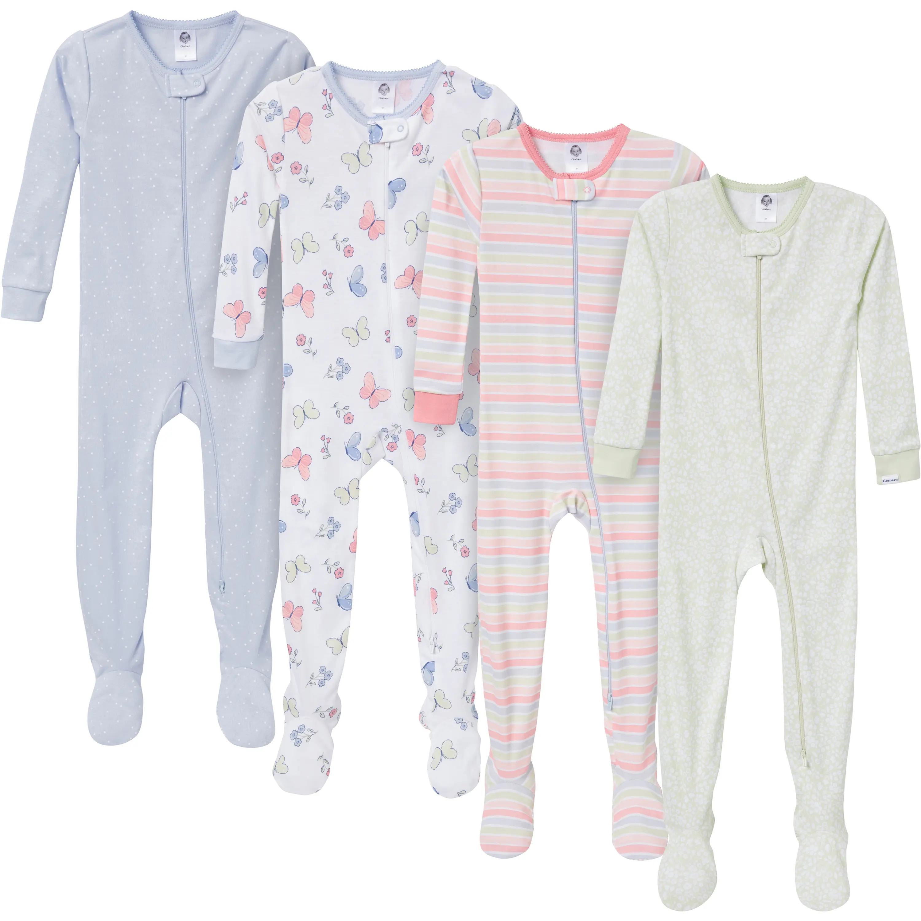 Gerber Toddler Girls' Snug Fit Footed Pajamas, 4-Pack, Butterflies