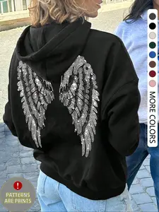 Women's Wing Print Hoodie, Casual Loose-Fitting Sweatshirt for Fall & Winter, Daily Wear Home Leisure Top, Fashionable Hooded Pullover