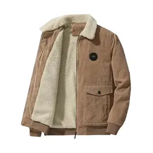 Men's Letter Patched Pocket Zip Up?Corduroy Jacket, Casual Long Sleeve Button Collared Fleece?Outerwear for Fall & Winter, Men's Clothes for Daily Wear