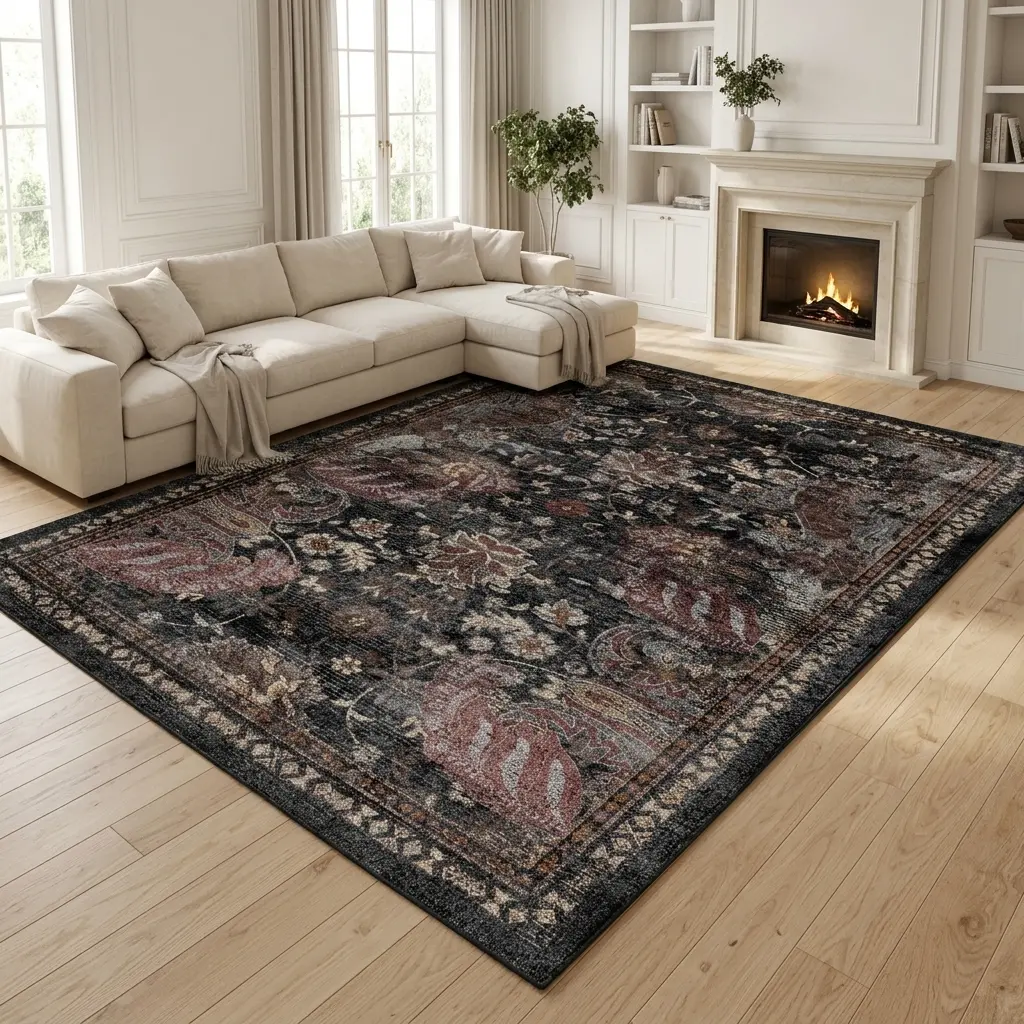 RUGIXE Faux Cashmere Washable Black Persian Area Rug 5x7 8x10, Heavyweight Soft Low Pile Rug with TPR Non Slip Backing, Foldable Durable Vintage Medallion Carpet for Living Room Bedroom Entryway Dining Room