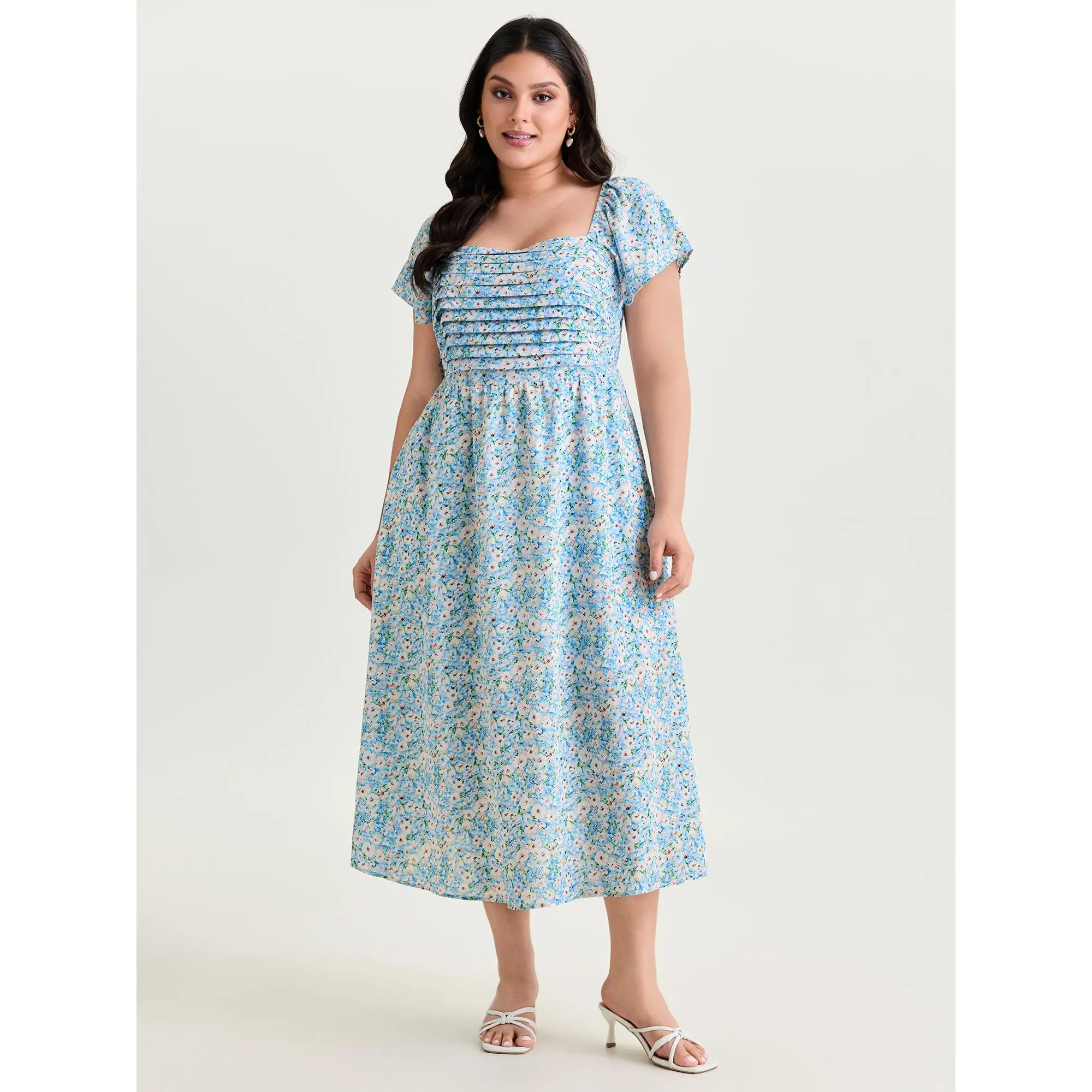 BloomChic Women's Plus Size Casual Ditsy Floral Maxi Dress - Smooth Polyester Fabric, Square Neck, Smocked Bodice, Cap Sleeves, Pockets, Low Iron, Summer Wear, Maxi Dress For Women, Garment, Short Sleeves, Floral Print, Maxi Length