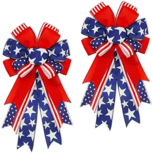Large 4th of July Bows for Wreath 20x11 Inch, 2 Pack Pre-Tied Patriotic Wired Ribbon Bow, Independence Day, Memorial Day, Tree Topper Bow for Front Door Outdoor Decoration (Blue)