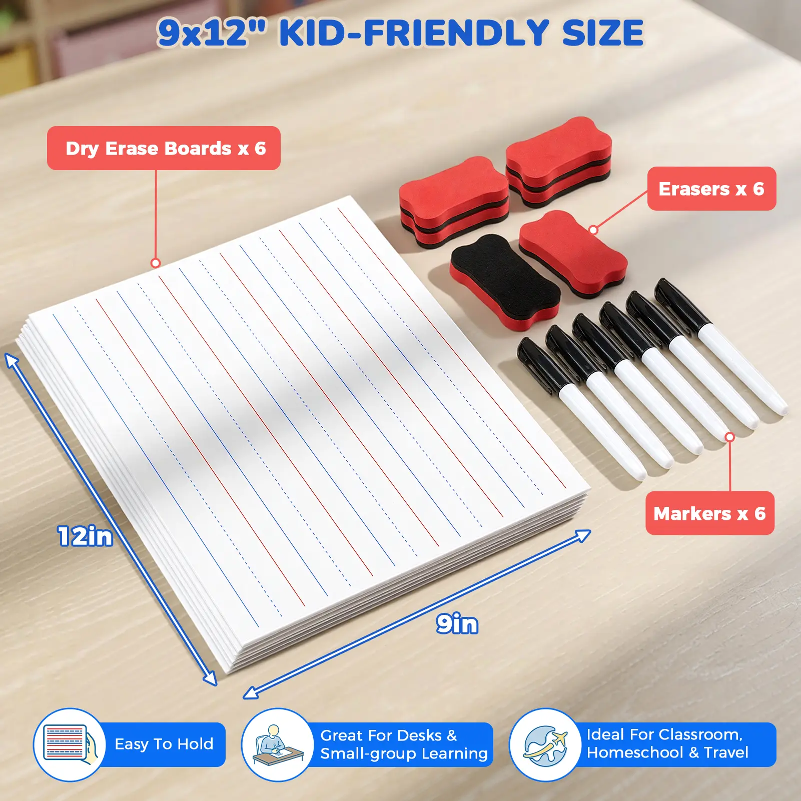 GAMENOTE Magnetic Dry Erase Lap Boards Set for Kids - 9x12 Double-Sided Lined & Blank Erasable Drawing Boards with Markers, Erasers for Small Classrooms, Homeschooling