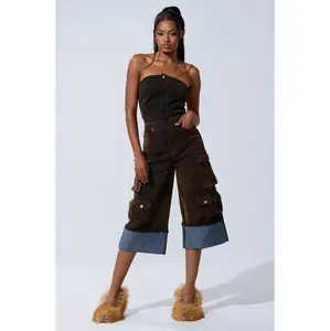 AKIRA Women's Cropped Cargo Jumpsuit, Cotton Fabric, Sleeveless Style, Hoop Accents, Functional Pockets