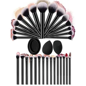 33pcs Makeup Brush & Sponge Set - 30 Synthetic Brushes, 2 Sponges, 1 Cleaner Bowl for All Skin Types, Flawless Cosmetic Application
