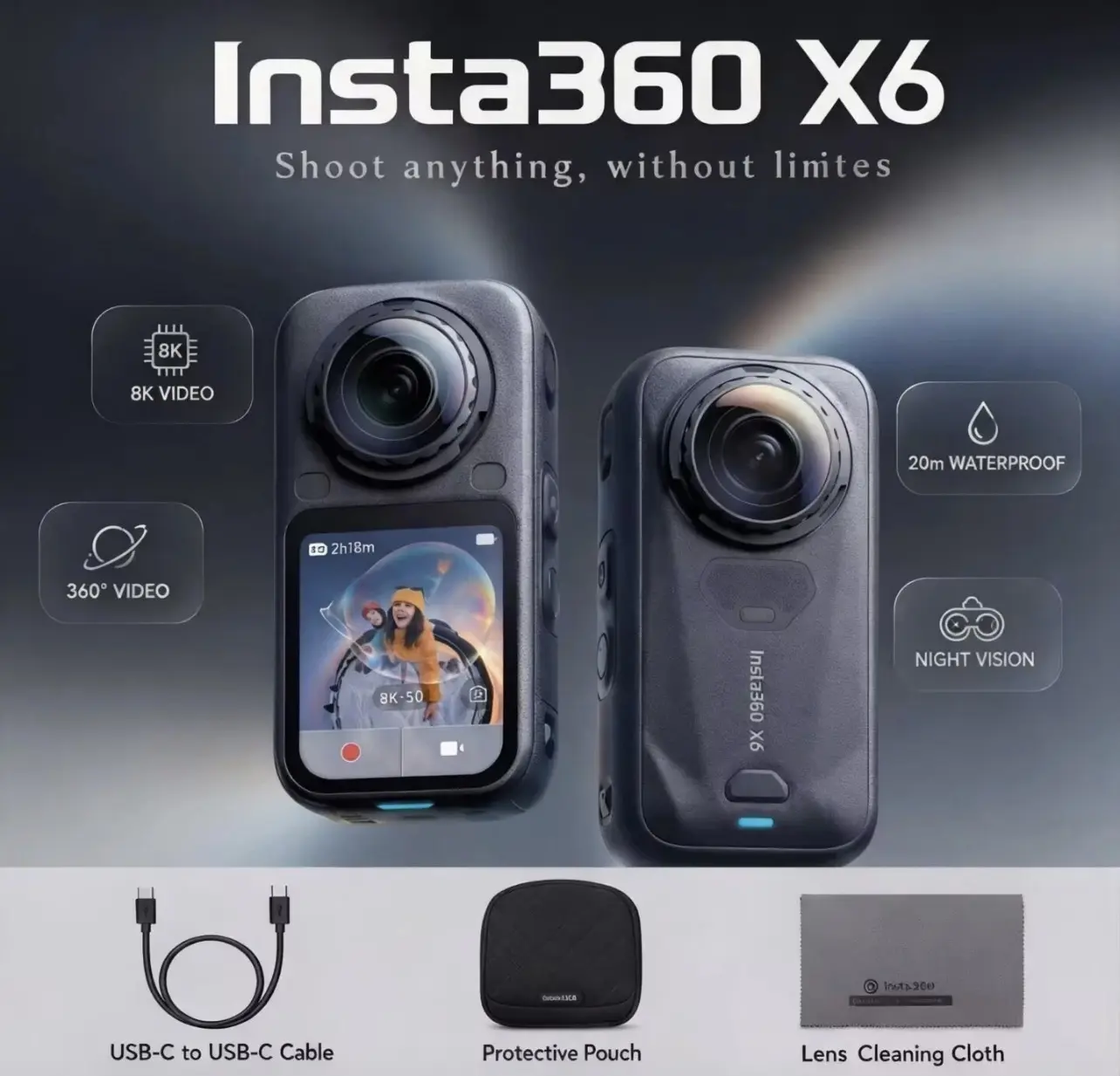 Insta360 X6 360 8K 120MP Action Camera Standard Bundle (Midnight Black)