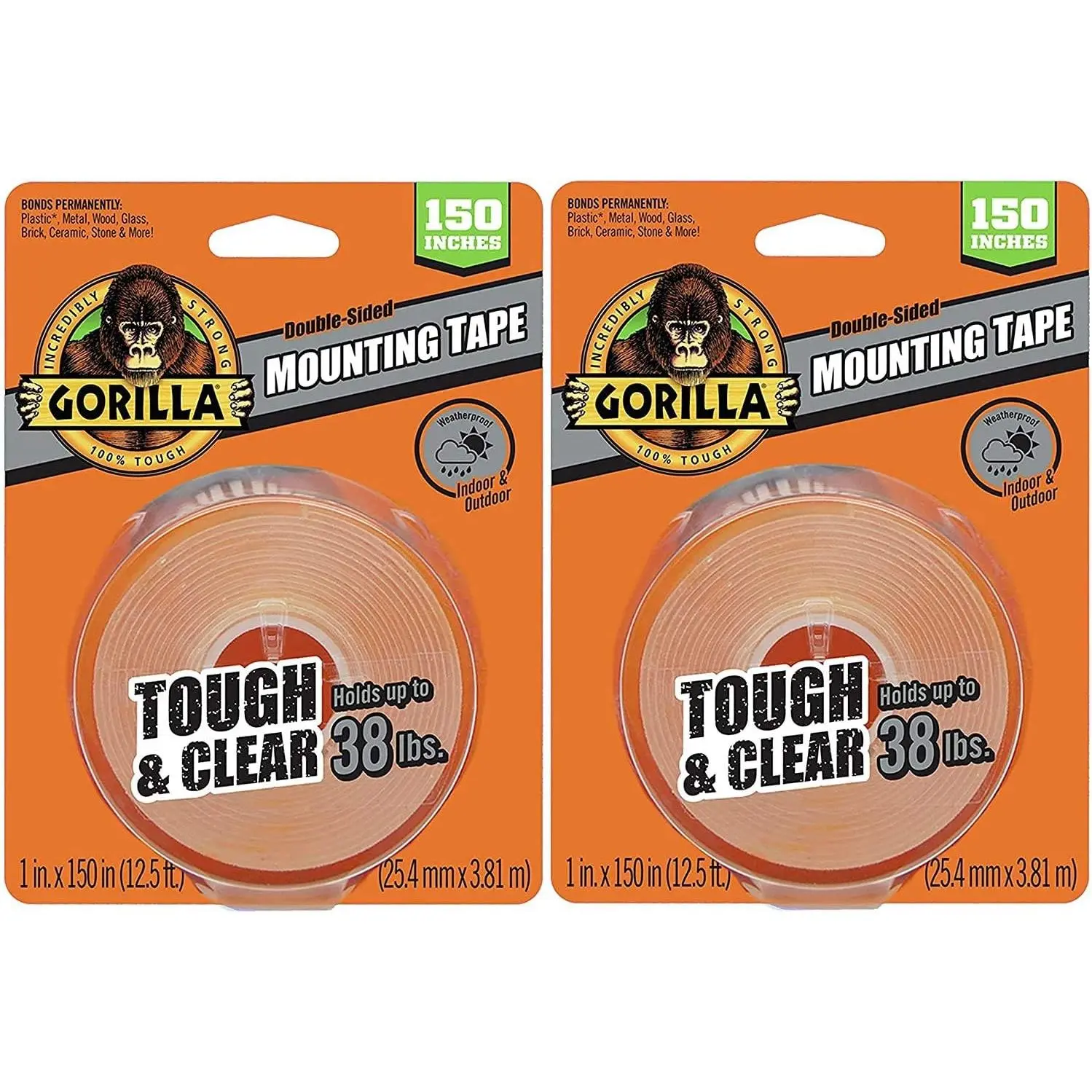 Gorilla Tough & Clear Double-Sided Mounting Tape, Permanent, Holds Up To 0.25 Lb Per Inch, 1" X 12.5 Ft, Clear