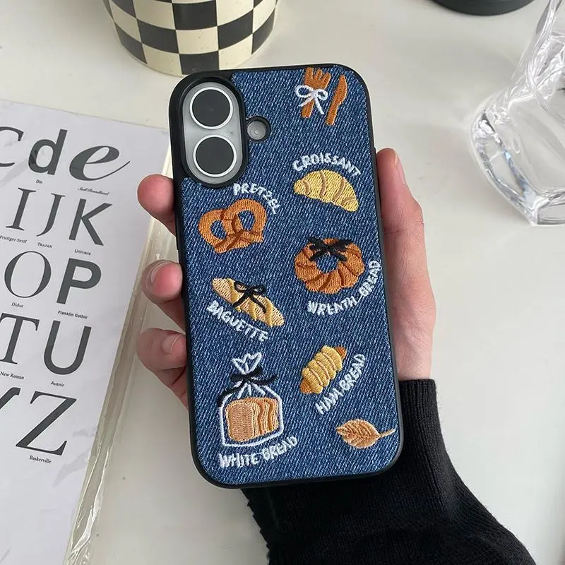 Retro Denim Embroidery Warm Fabric Phone Case - Protective Casing for iPhone 17 Air, 16, 16 Pro, 15, 14, 13 Pro Max, Silicone Multi-Model Smartphone Back Cover, Iphone 16 Pro