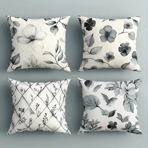 Floral Pillow Covers, Velvet Cushion Covers, Black White Botanical Print, Modern Home Decor, Machine Washable Pillowcases, Living Room Bedroom Accessories