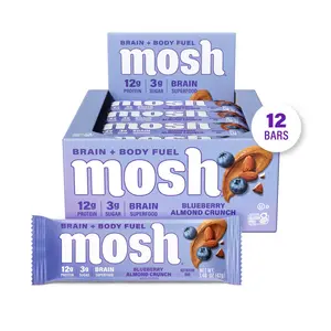MOSH Blueberry Almond Crunch Protein Bars - 12 Bars, High Protein, Lower Sugar, High Fiber, Keto-Friendly, Gluten Free, 6+ Brain Nutrients including Cognizin, Mission Focused and Gives Back