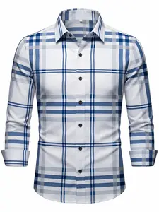Classic Blue and White Checkered Shirt for Men Fitted Long Sleeve Square Neck Business & Casual Wear High-Quality Polyester Fabric Stylish Polo Top - Menswear Plaid Checked Overall