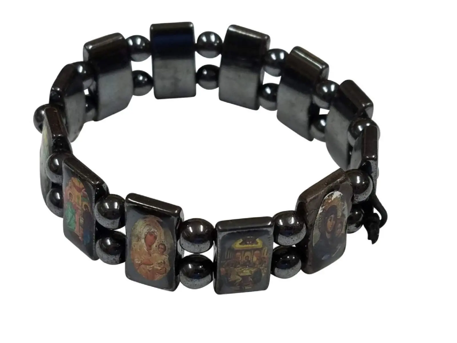 Saints Black Stretch Stone Hematite Bracelet, 7-Inch