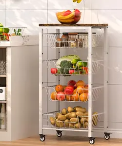 Fruit Vegetable Storage Cart for Kitchen, 5-Tier Vegetable Stand Rack with Pull-Out Fruit Baskets, Rolling Snack Cart with  Top & Banana Holder for Pantry, Living Room, Bathroom, White