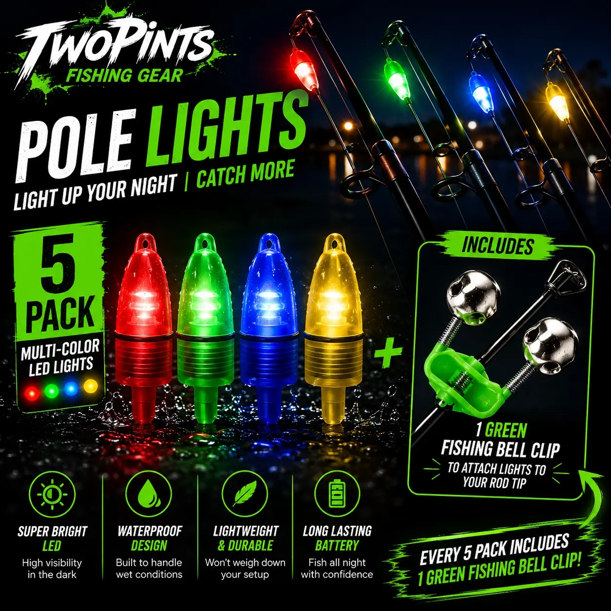 5 Pack LED Lights for Fishing Pole + Bite Bell - Bite Alarm Light & Clip on Bells