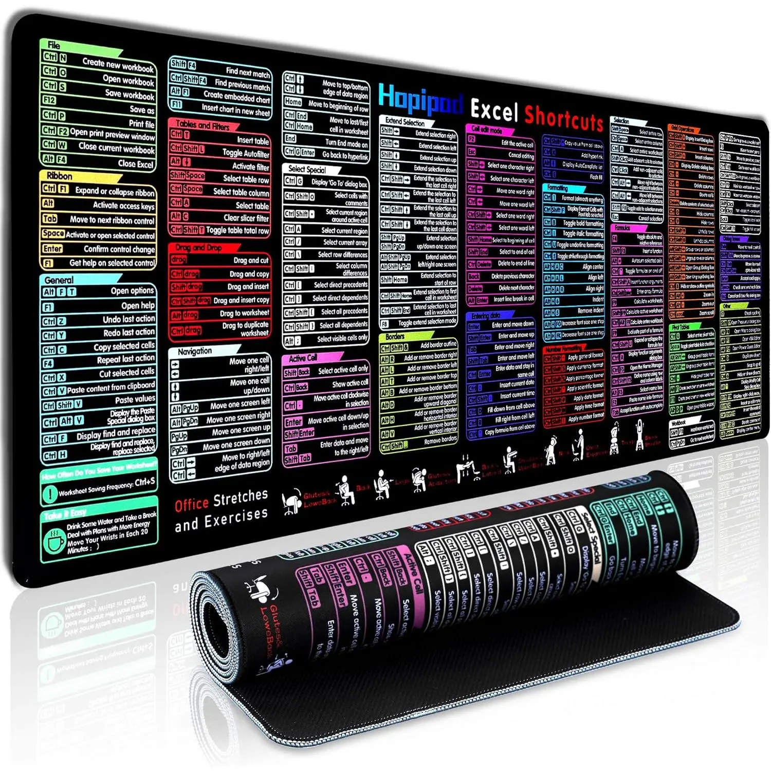 Excel Cheat Sheet Desk Pad with 231 Shortcuts & Formulas | 2025 Edition | Extra-Large "31.5"x"11.8"  Mousepad | Stain-Resistant | Anti-Fray Stitched Edges | Non-Slip Office & Gaming Desk Mat