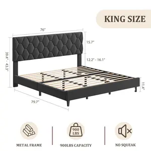 Garvee Grey King Upholstered Bed Frame with Headboard, Heavy-Duty Platform Bed Frame with Strong Wood Slats, No Box Spring Needed/Easy Assembly/Noise Free
