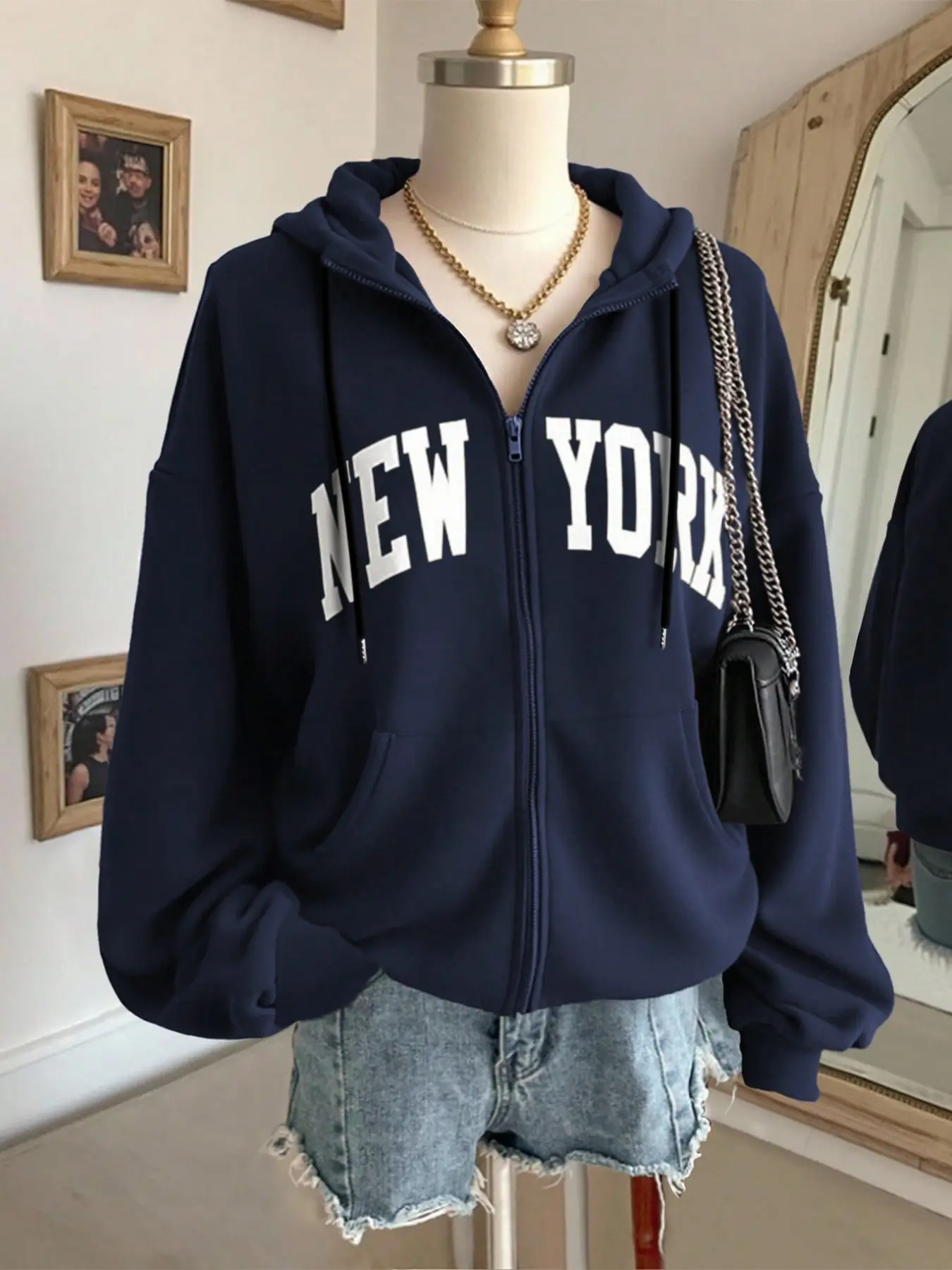 Women's Blue Hooded Sweatshirt with New York Graphic Print, Long Sleeve Zipper Front Casual Jacket, Fall & Winter Fashion Outerwear Fit