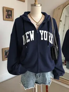 Women's Blue Hooded Sweatshirt with New York Graphic Print, Long Sleeve Zipper Front Casual Jacket, Fall & Winter Fashion Outerwear