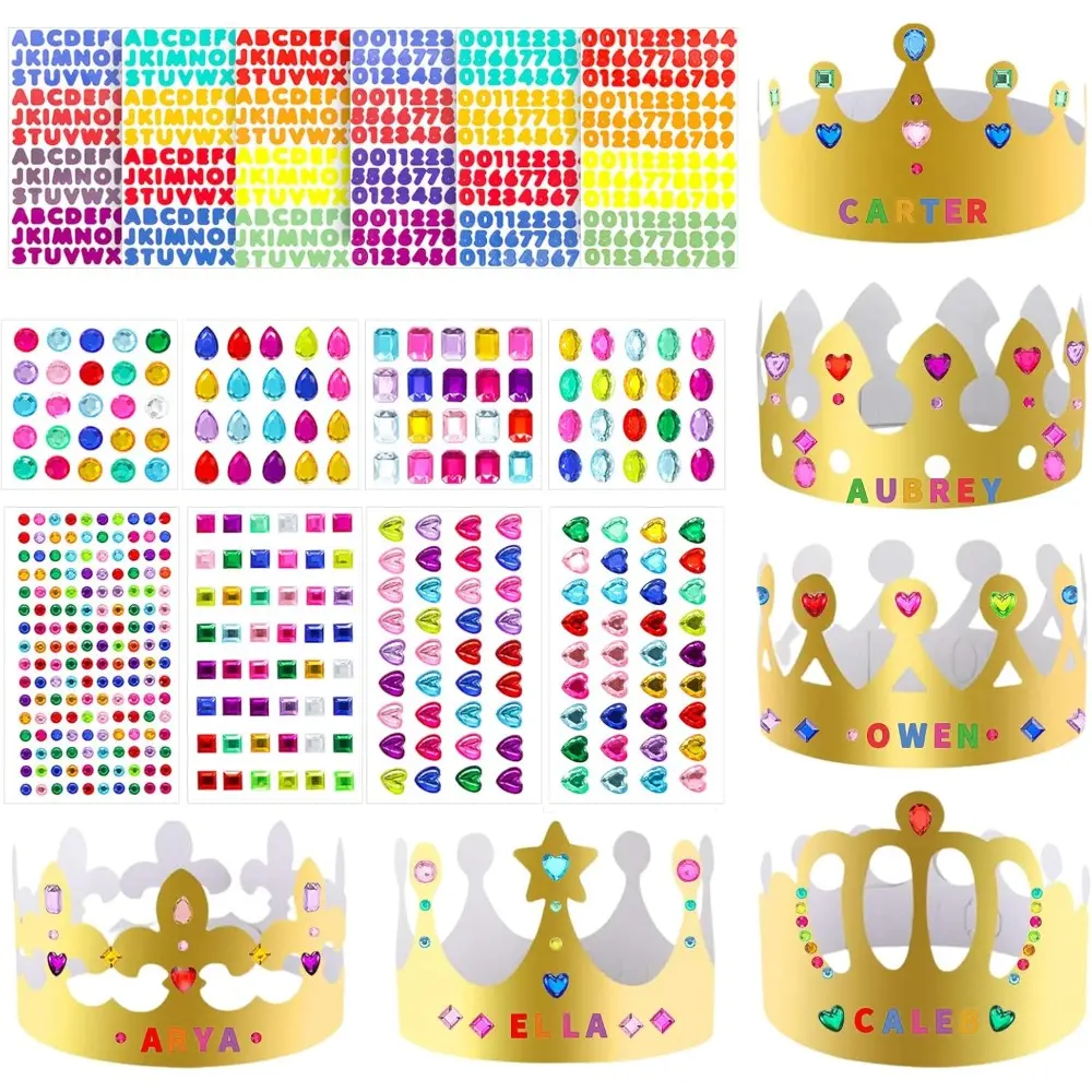 38 Pcs Paper Crowns for Kids Boys Girls Adults Princess Prince King, Classroom Crown, Birthday Party Hats with Gold Gem Jewels Number Letter Stickers, DIY Decorate Decor Favor Supplies Decoration Ornaments Masks