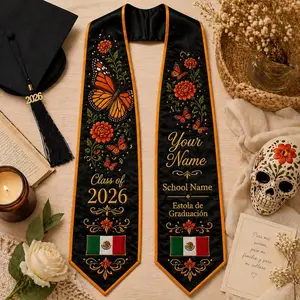 Orange Butterfly Flower Mexican Graduation Stole, Custom Graduation Stole, Class of 2026, Estola de Graduación, Printed Grad Stole