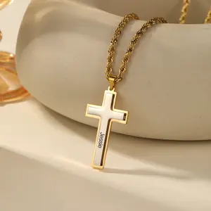 Custom Engraved Name Cross Necklace for Men Personalized Name Pendant Two Tone Stainless Steel Christian Jewelry Gift for Dad Husband Boyfriend