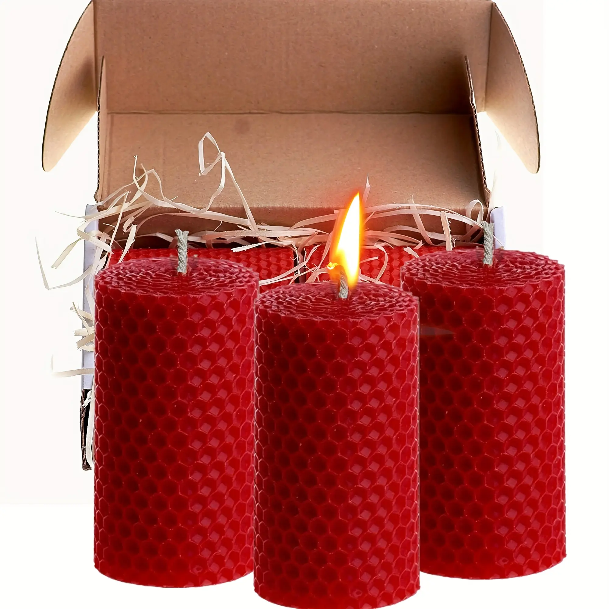 Hand-Rolled Beeswax Honeycomb Pillar Candles, Natural Honey Aroma, Decorative 10x5cm Vibrant Red Wick Set, Cozy Home Decor Gifts