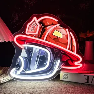 Firefighter Helmet Neon Light Adjustable Brightness, LED Fluorescent Art, USB Powered, Home Decor, Fire Station Wall Art, Firefighter Gift