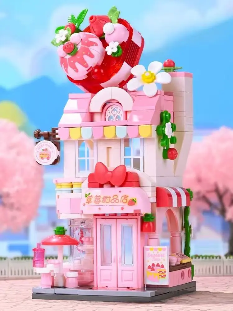MINISO Unisex Building Blocks Set - 7in 1pc 3D Colored Interlocking Multi-Piece Architectural Model Kit, Strawberry Dessert Shop & Retro Pizza Shop Designs, Educational Creative Kids' Toy, 3D Model Building Kits