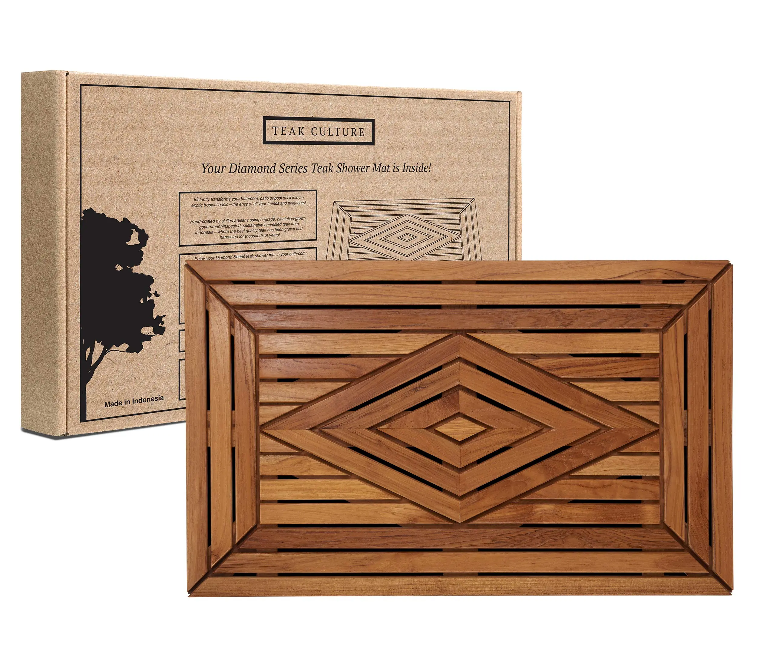 Designer Teak Shower Mat Large 31.5 X 19.5 Naturally Water-Resistant with Teak Oil Finish for Bathroom, Bath, Pool, Spa, Boat, Sauna, Patio, RV, Front Door from Our Diamond Collection