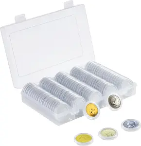 100 Pack 30mm Coin Capsules with White Protect Gasket and Plastic Storage Organizer Box for Coin Collection Supplies, Clear and Round Plastic Capsules