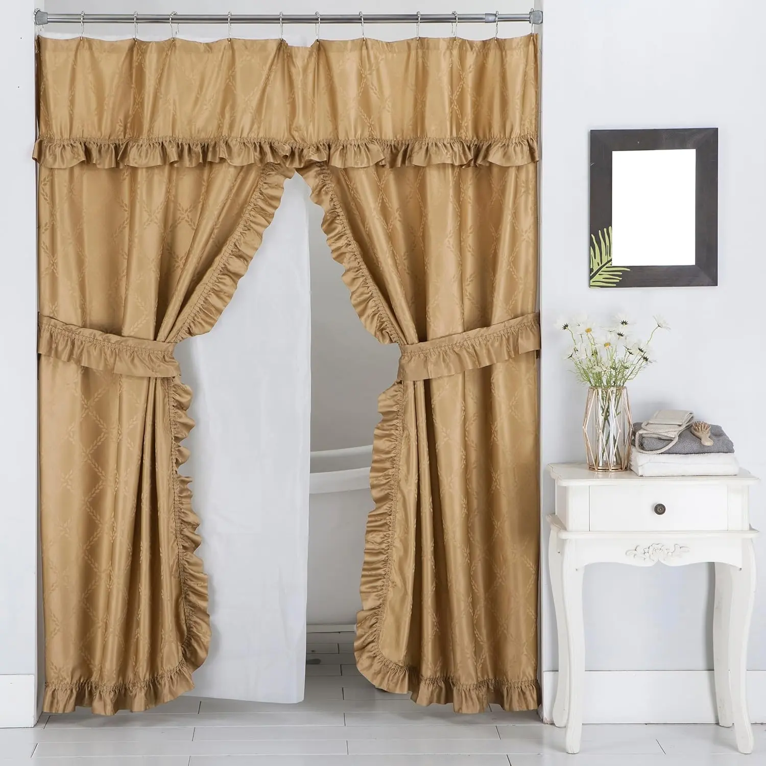 Double Swag Ruffled Fabric Shower Curtain Set, Intersected Leaves , PEVA Liner and Roller Rings (Tan )