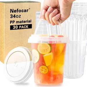 15 Sets 34 oz Sturdy Plastic Cups with Lid and Straw for Iced Coffee Smoothie Milkshake Cold Hot Drinks Food Safe Reusable Clear Party Cups for Pool Beach Party Microwaveable with Handle
