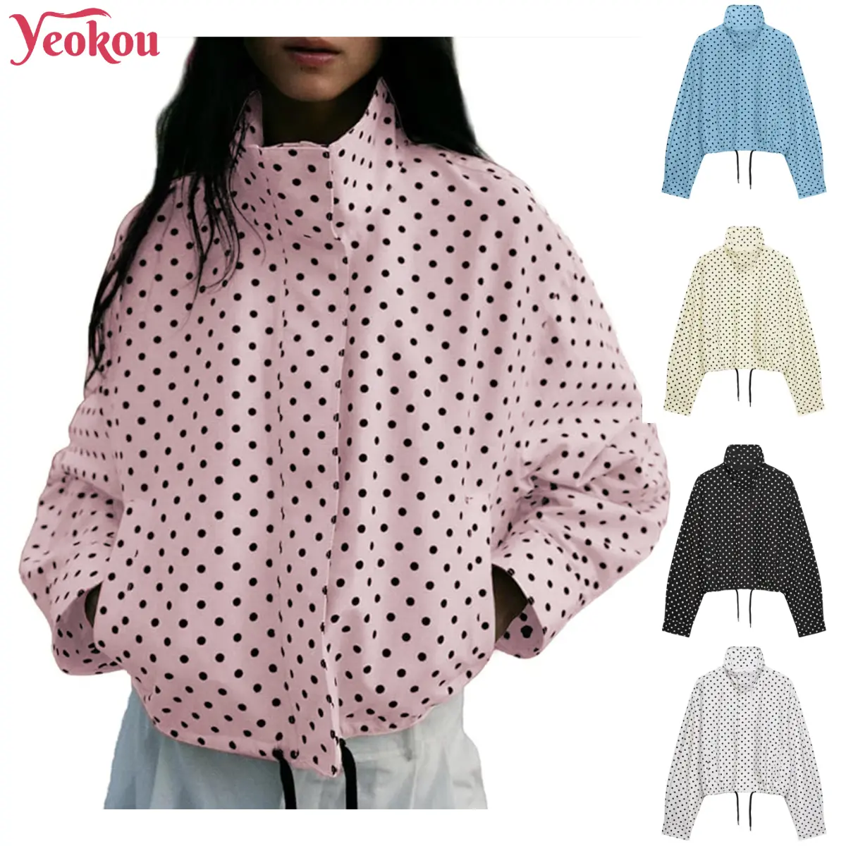 Yeokou Women Polka Dot Jacket Stand Collar Cropped Jackets Zip Up Coat Casual Fashion Coat Summer Fall Spring Jacket with Pockets
