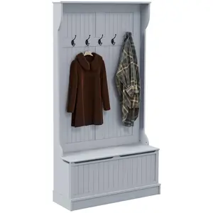 HOMCOM 3-In-1 Hall Tree with Shoe Storage, Standing Coat Rack with Shoe Bench, Entryway Organizer with Five Hooks, Gray