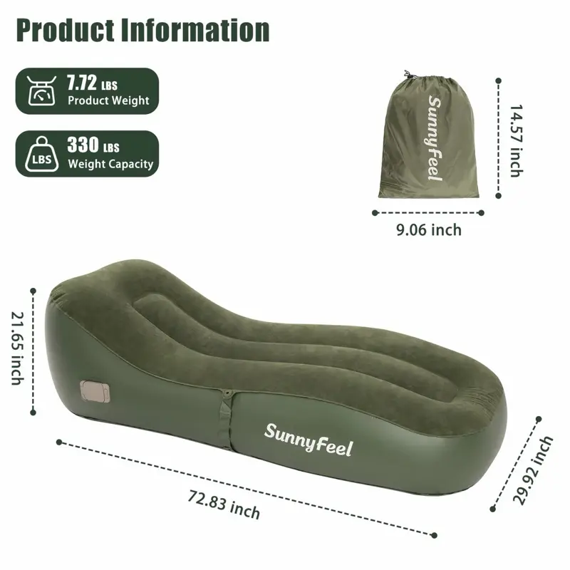 SunnyFeel Inflatable Bed 72.83 x 29.92 x 21.65 inches 330 lbs Capacity 7.72 lbs Weight Portable Travel Mattress