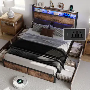 Queen Size Bed Frame with 4 Storage Drawers and Headboard with Charging Station and LED Lights,2 Tier Solid Wood Headboard Storage,Noise Free,Easy Assembly- Vintage Brown