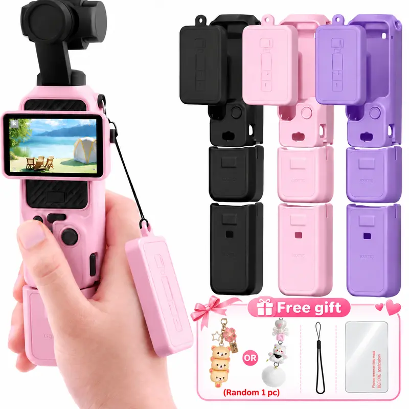 Silicone Case Cover for DJI Pocket 3 & Xtrapink, Scratch-Proof Camera Gimbal Protector with Full Protection, Photography Camera Accessory That Includes Strap