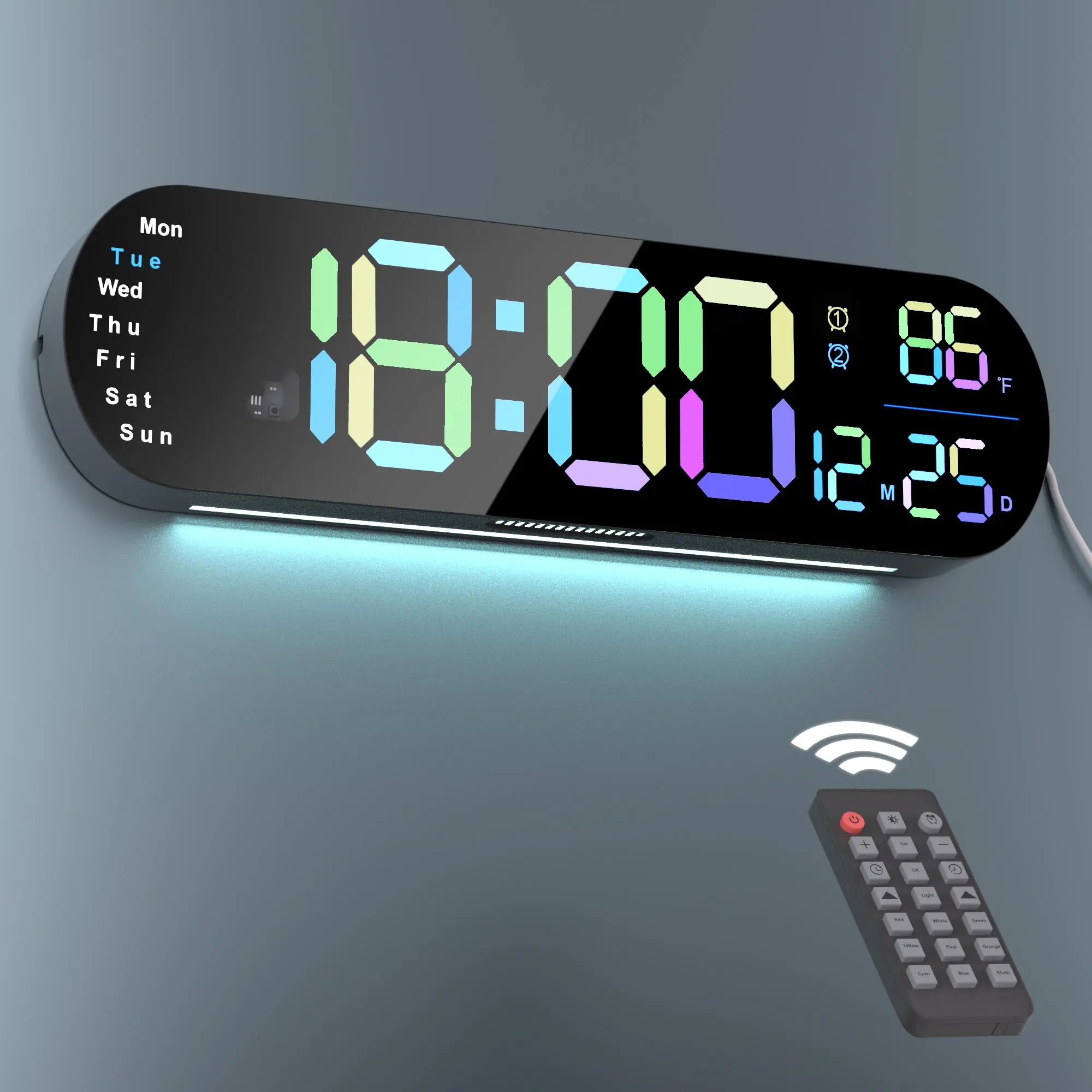 13.7" Rectangle Lighted Digital Wall Clock with Remote Control, Time & Date Display, 12/24H Format, Adjustable Brightness for Home Living Room Decor, Digital Clocks for Bedrooms