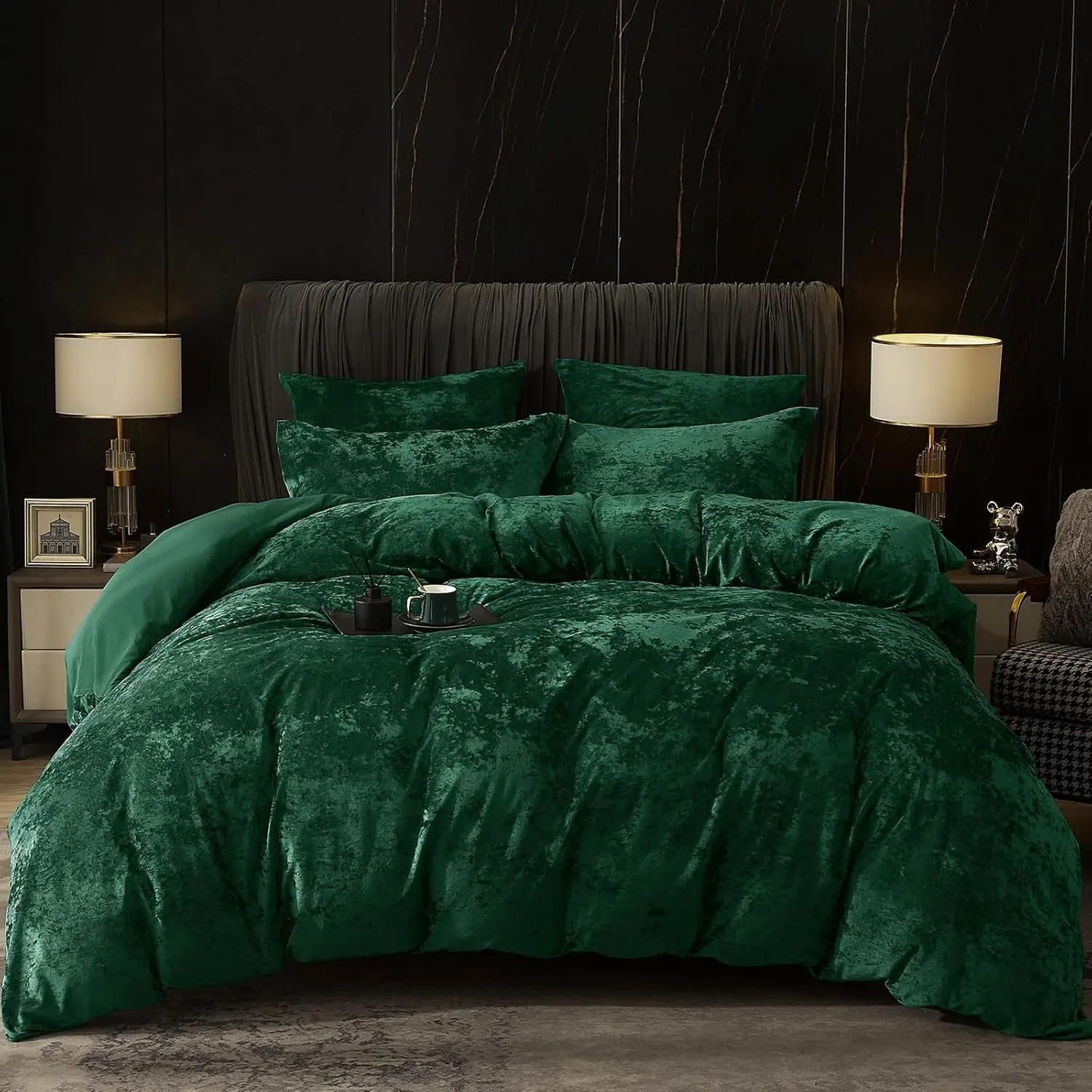 Velvet Duvet Cover Twin Size, 2pcs Ultra Comforter Cover, Flannel Duvet Cover with Pillow Shams, 68" x 90", Emerald Green