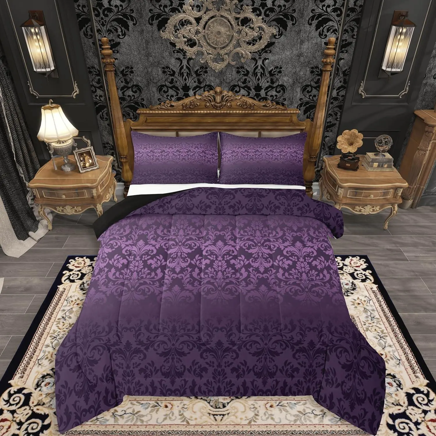 Gothic Damask Comforter Set Vintage Jacquard Bedding Set Purple Exotic Floral Duvet Quilt Bedroom Antique Classic Decor Microfiber Ultra Soft Breathable