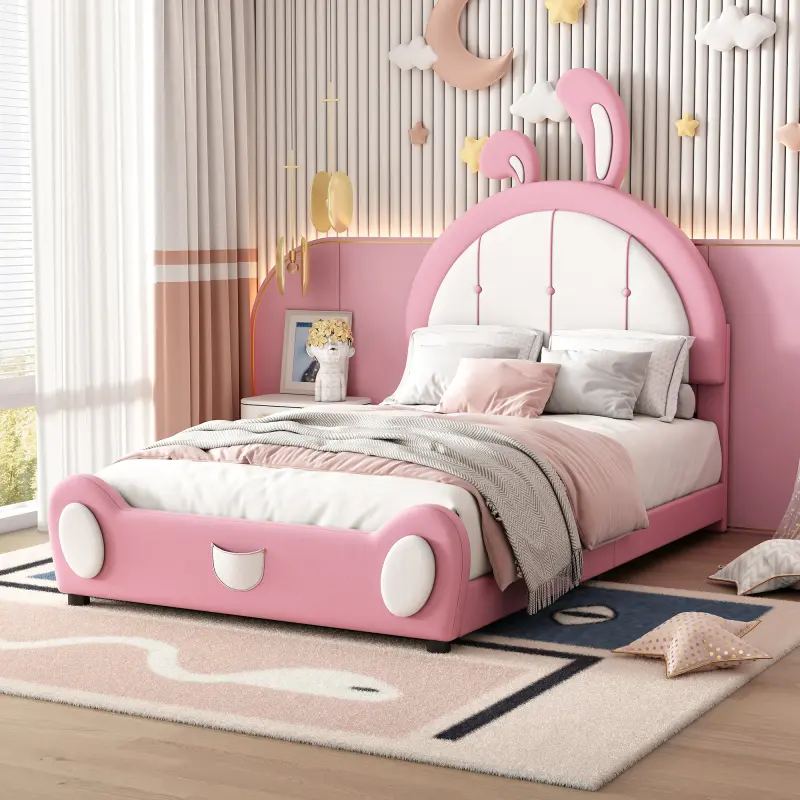 Twin Size Upholstered Platform Bed with Rabbit Shaped Headboard